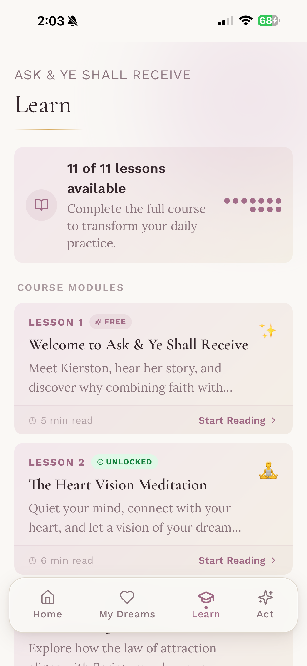 The Ask & Receive Course — Learn screen
